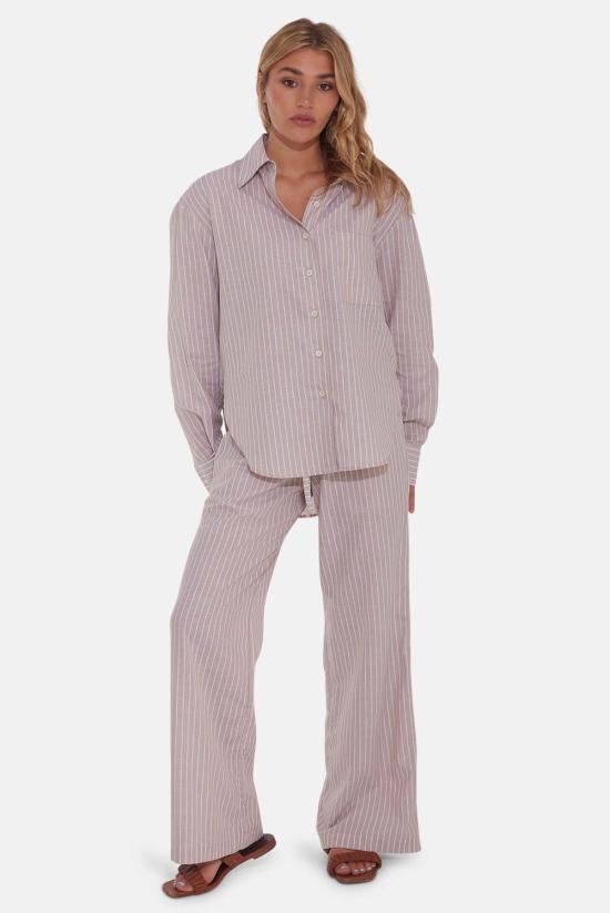  The Tile Club 후드 티셔츠 타일 클럽 엘로이즈 코튼/리넨 보이프렌드 셔츠 베이지 스트라이프 - THE TILE CLUB