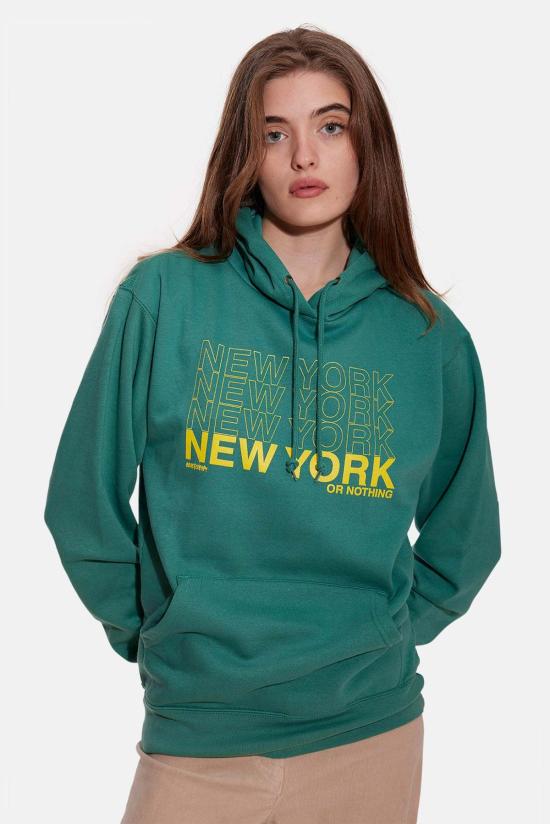  블루&크림 후드 티셔츠 뉴욕 오어 낫팅 후드티 시그린/옐로우 - BLUE&CREAM