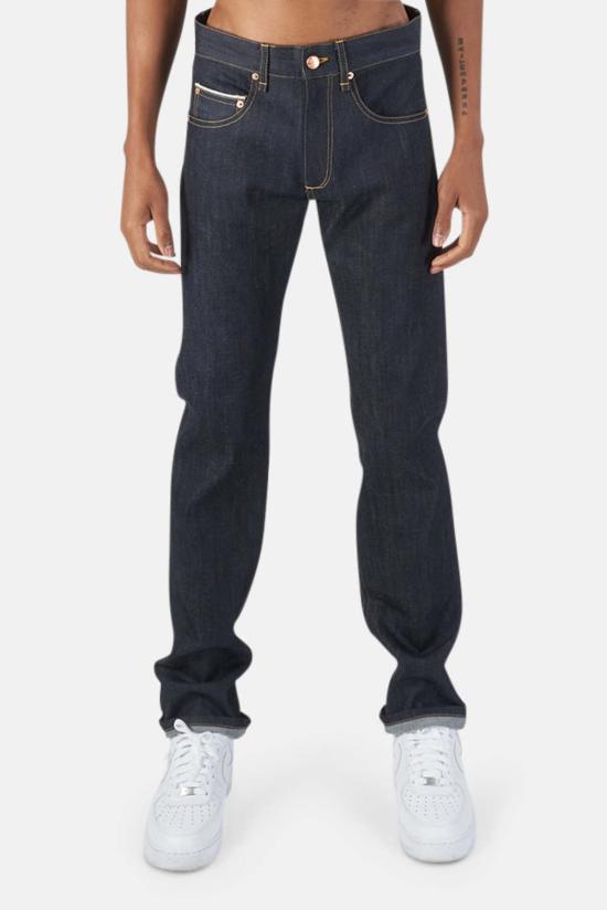  블루&크림 데님 팬츠 슬림 스트레이트 로우 셀비지 데님 인디고