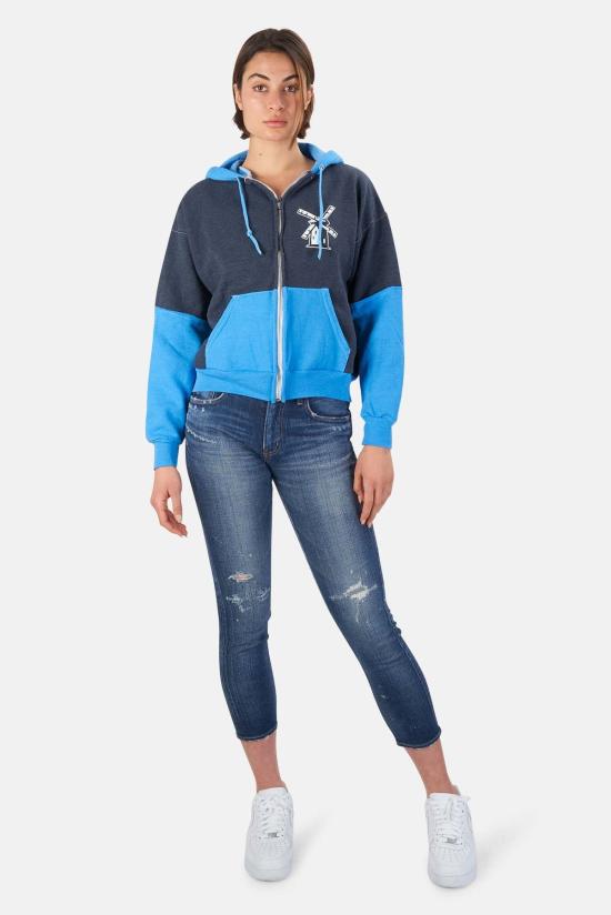  Blue&Cream 후드 티셔츠 블루&크림 일본풍 풍차 컬러블록 크롭 후드 네이비/스카이 블루 - BLUE&CREAM