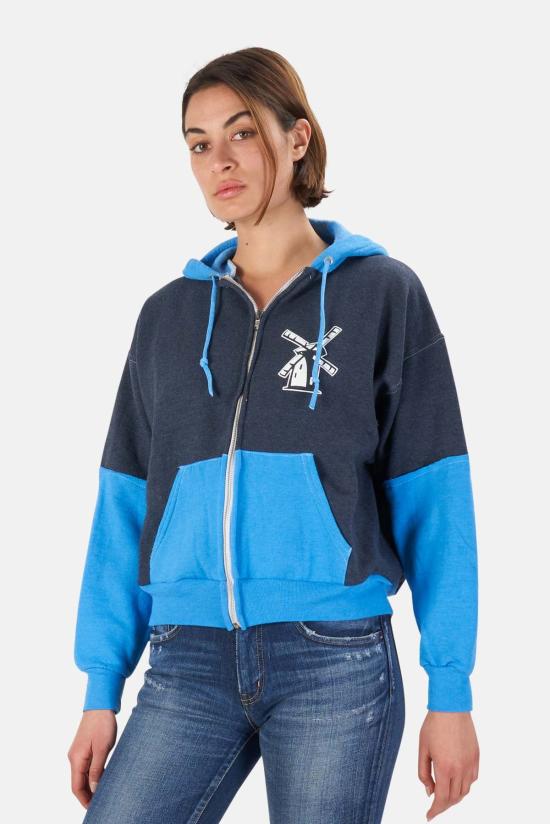  Blue&Cream 후드 티셔츠 블루&크림 일본풍 풍차 컬러블록 크롭 후드 네이비/스카이 블루 - BLUE&CREAM