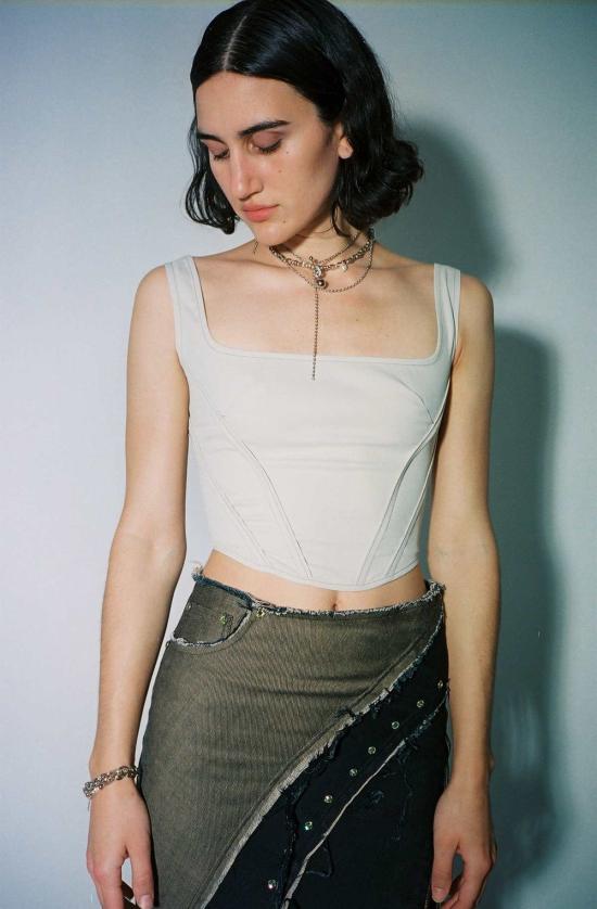  프리스카베라 민소매 티셔츠 세서미 스트레치 레인웨어 코르셋 탑 그레이 - PRISCAVERA