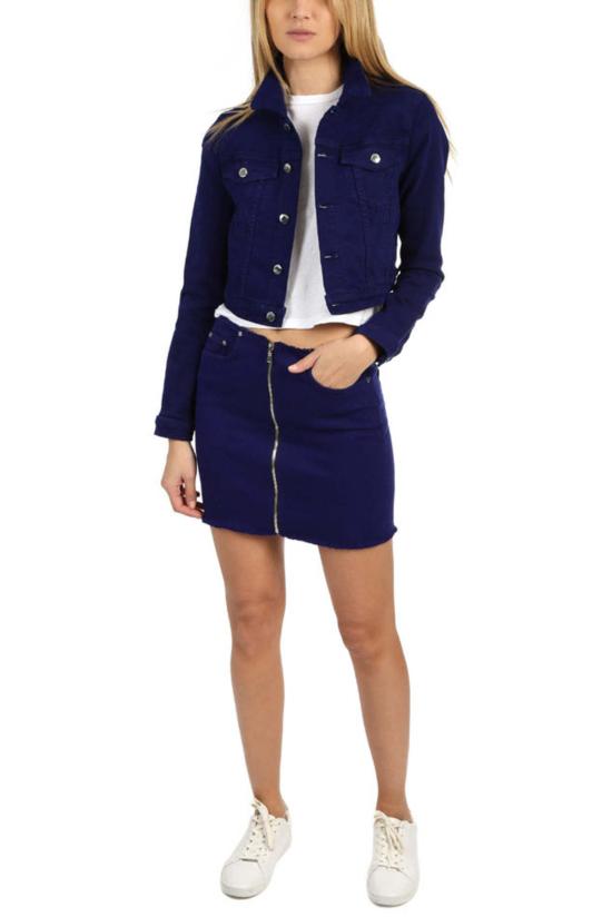  코튼 시티즌 데님 자켓 미니 지퍼 스커트 다크 퍼플
