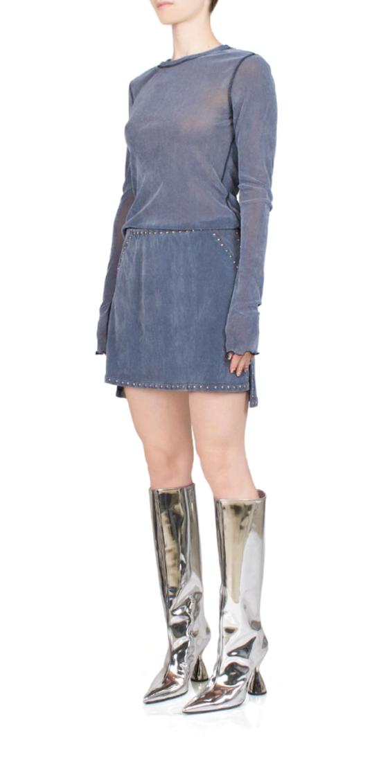  프리스카베라 숏 스커트 벨벳 메시 스터드 미니 스커트 스틸 블루 - PRISCAVERA