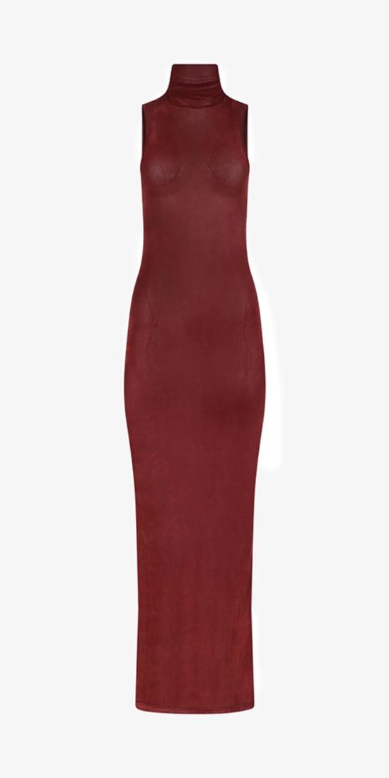  프리스카베라 롱 원피스 벨벳 메시 터틀넥 드레스 브릭 - PRISCAVERA