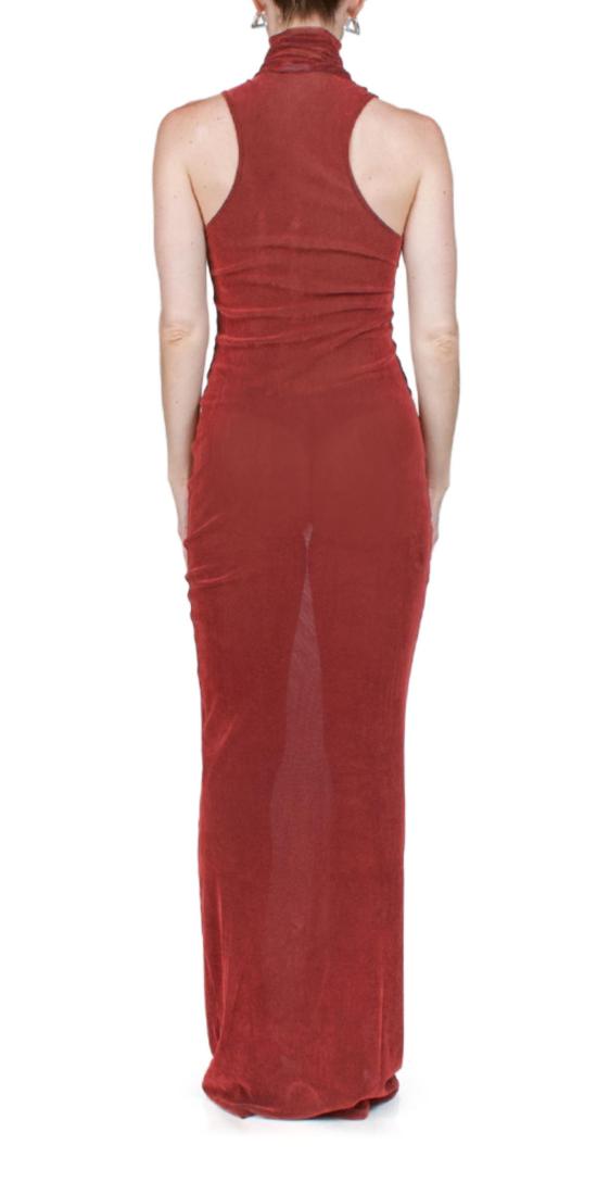  프리스카베라 롱 원피스 벨벳 메시 터틀넥 드레스 브릭 - PRISCAVERA