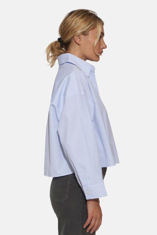  The Tile Club 후드 티셔츠 타일 클럽 갠셋 팝린 크롭 셔츠 마이크로 스트라이프 화이트/블루 - THE TILE CLUB