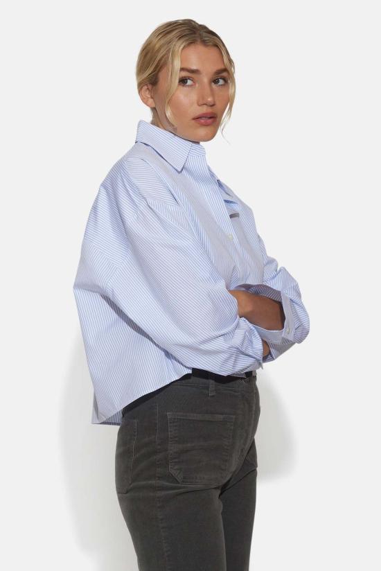  The Tile Club 후드 티셔츠 타일 클럽 갠셋 팝린 크롭 셔츠 마이크로 스트라이프 화이트/블루 - THE TILE CLUB