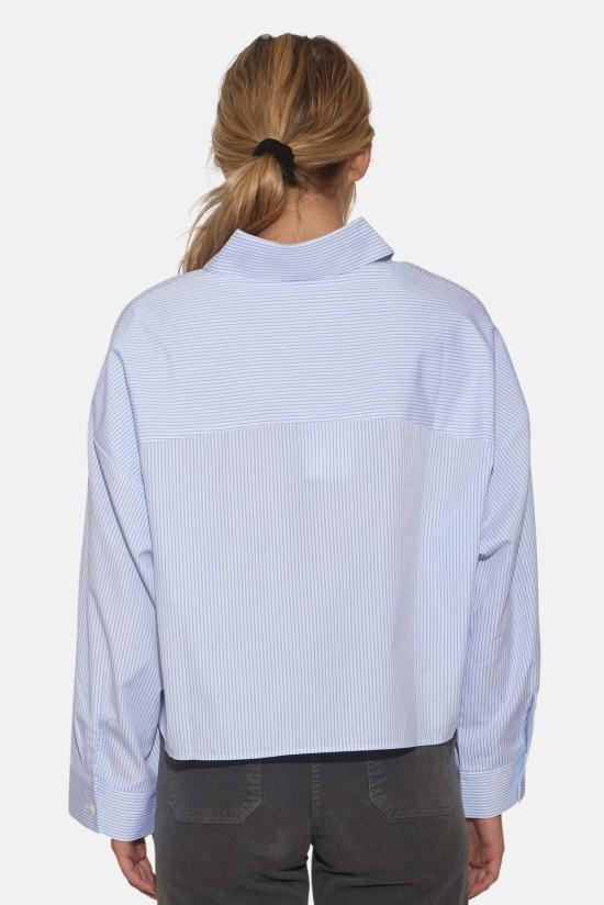  The Tile Club 후드 티셔츠 타일 클럽 갠셋 팝린 크롭 셔츠 마이크로 스트라이프 화이트/블루 - THE TILE CLUB