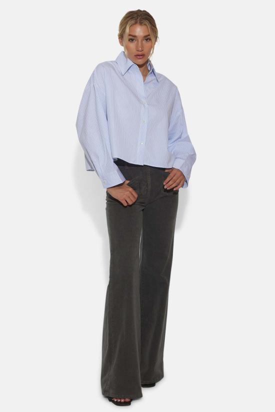  The Tile Club 후드 티셔츠 타일 클럽 갠셋 팝린 크롭 셔츠 마이크로 스트라이프 화이트/블루 - THE TILE CLUB