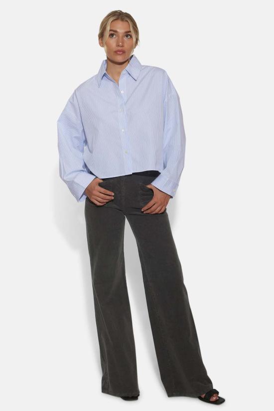  The Tile Club 후드 티셔츠 타일 클럽 갠셋 팝린 크롭 셔츠 마이크로 스트라이프 화이트/블루 - THE TILE CLUB