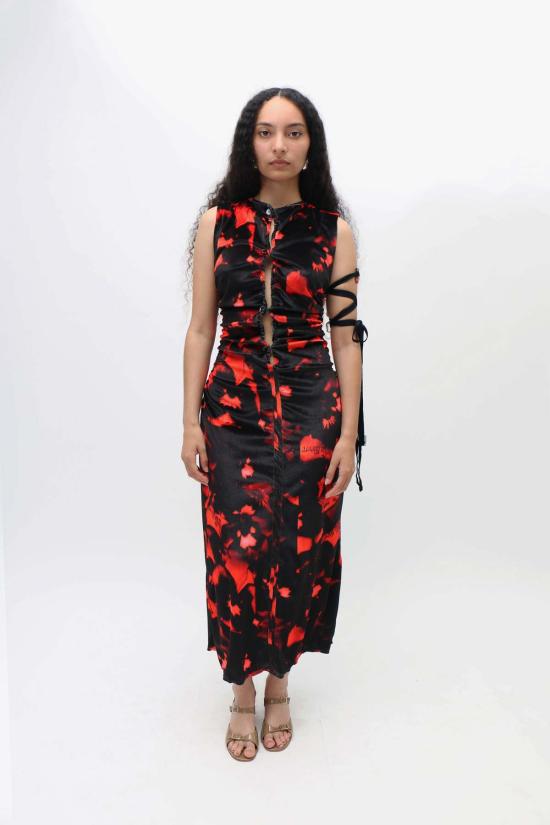  루실 티에브르 롱 원피스 프린트 벨벳 바디콘 드레스 레드/블랙