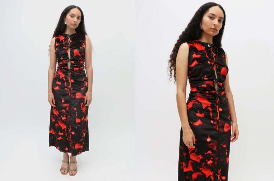  루실 티에브르 롱 원피스 프린트 벨벳 바디콘 드레스 레드/블랙 - LUCILLE THIEVRE