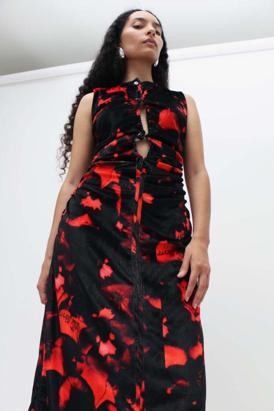  루실 티에브르 롱 원피스 프린트 벨벳 바디콘 드레스 레드/블랙 - LUCILLE THIEVRE