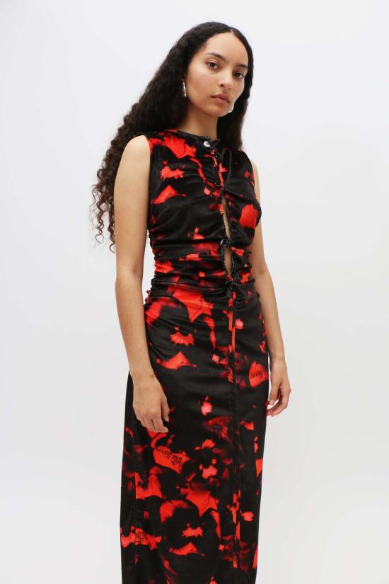  루실 티에브르 롱 원피스 프린트 벨벳 바디콘 드레스 레드/블랙 - LUCILLE THIEVRE