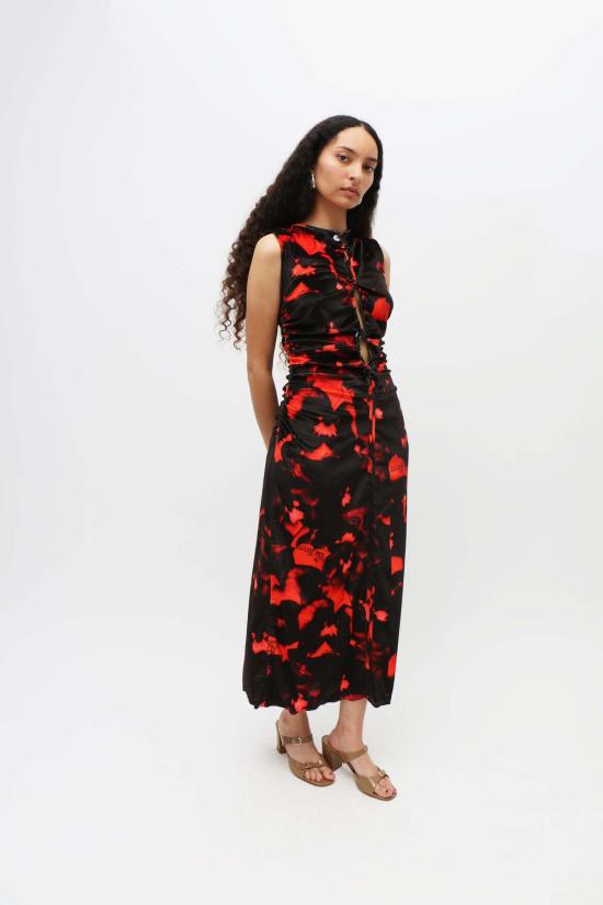  루실 티에브르 롱 원피스 프린트 벨벳 바디콘 드레스 레드/블랙 - LUCILLE THIEVRE