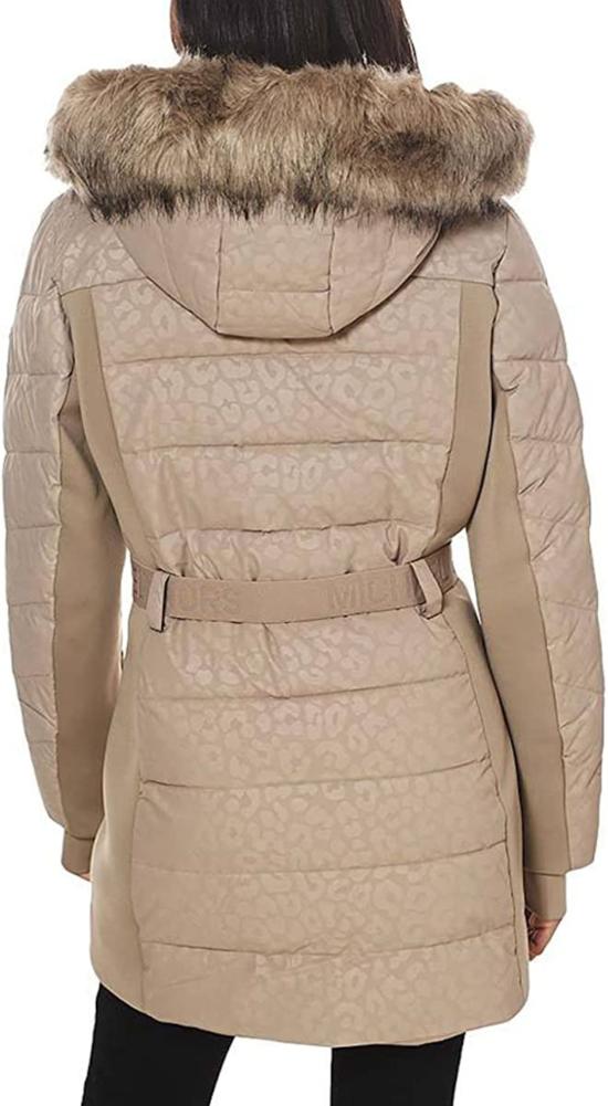  마이클 코어스 롱패딩 마이클 코스 로고 벨티드 후드 퍼퍼 코트 토프 레오파드 - MICHAEL KORS