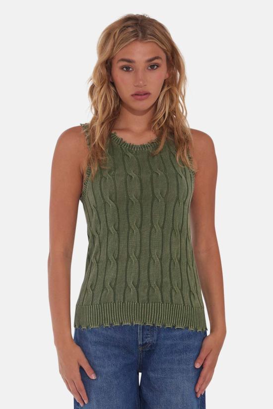  블루&크림 민소매 티셔츠 스톤워시 디스트레스 케이블 탱크 가든 그로브