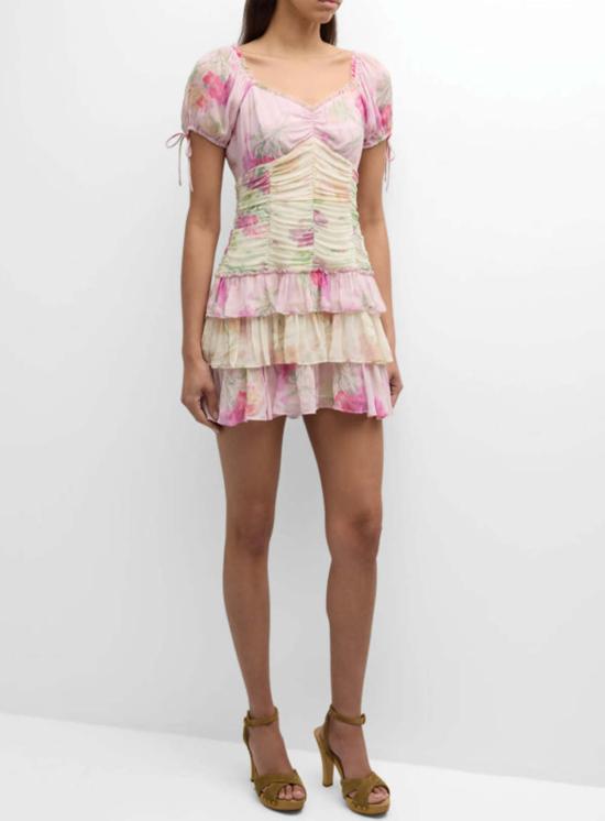  모스키노 숏 원피스 Loveshackfancy 주프 퍼프 슬리브 티어드 러플 미니 드레스 가든 선셋 - MOSCHINO