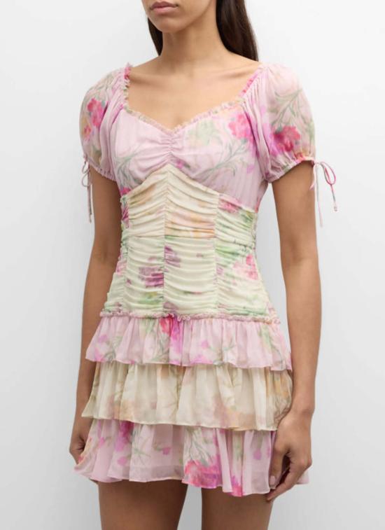  모스키노 숏 원피스 Loveshackfancy 주프 퍼프 슬리브 티어드 러플 미니 드레스 가든 선셋 - MOSCHINO