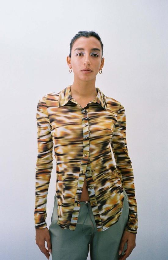  프리스카베라 긴팔 티셔츠 사바나 메시 버튼 다운 프린트 - PRISCAVERA