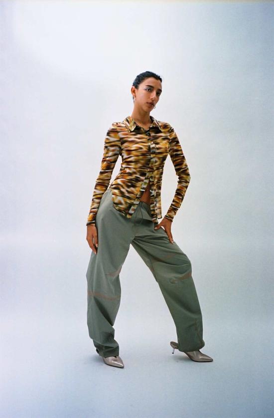  프리스카베라 긴팔 티셔츠 사바나 메시 버튼 다운 프린트