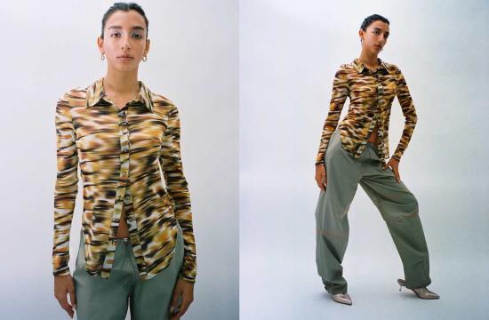  프리스카베라 긴팔 티셔츠 사바나 메시 버튼 다운 프린트 - PRISCAVERA