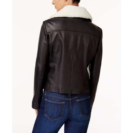  마이클 코어스 코트 Michael Kors 가죽 재킷, 털 칼라, 블랙 - MICHAEL KORS