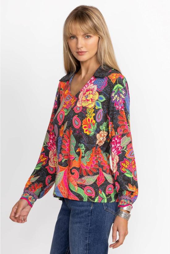  조니 와스 긴팔 티셔츠 Johnny Was Janie Favorite 퍼프 슬리브 폴로 엠버윙 - JOHNNY WAS