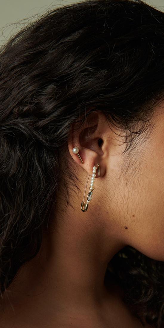  로렌 스튜어트 이어링 Xl 펄 젬 안전핀 귀걸이 - LOREN STEWART