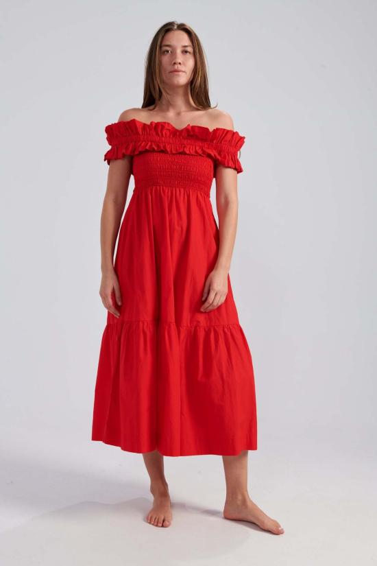  가니 롱 원피스 롱 스모크 드레스 레이싱 레드