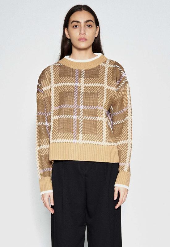  EYEYE 긴팔 티셔츠 아이아이 체크 언밸런스 니트 탑 모카