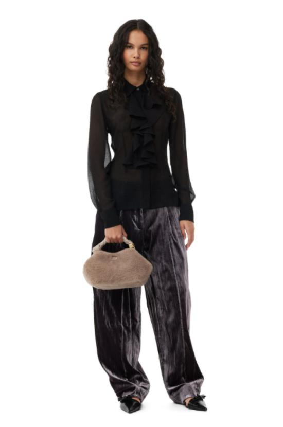  가니 스트레이트 팬츠 벨벳 스트라이프 릴렉스 플리츠 팬츠 팬텀 - GANNI