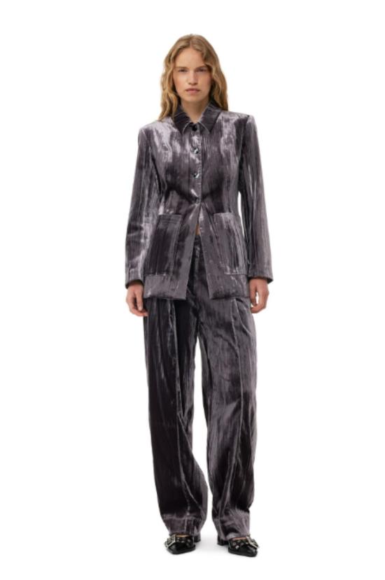  가니 스트레이트 팬츠 벨벳 스트라이프 릴렉스 플리츠 팬츠 팬텀 - GANNI