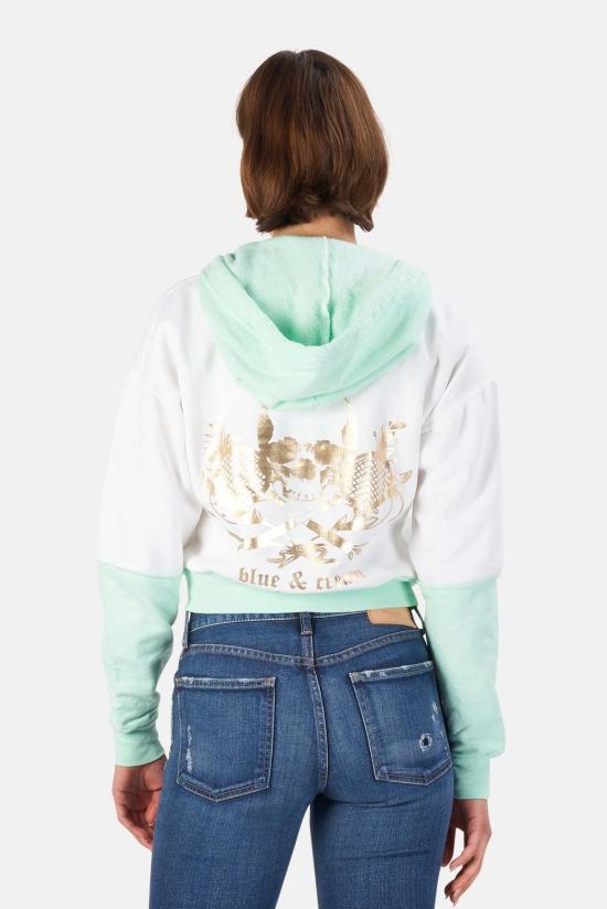  Blue&Cream 후드 티셔츠 블루&크림 스컬 컬러블록 크롭 후드 티셔츠 화이트/골드 - BLUE&CREAM