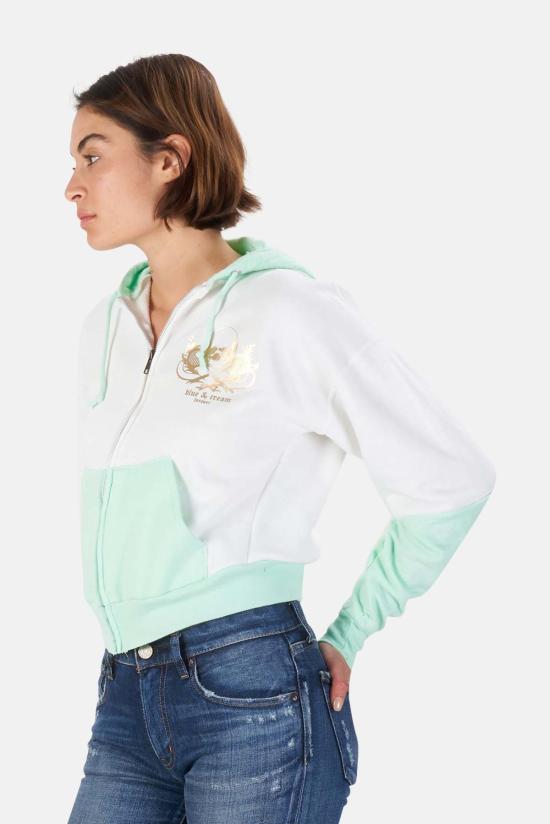  Blue&Cream 후드 티셔츠 블루&크림 스컬 컬러블록 크롭 후드 티셔츠 화이트/골드 - BLUE&CREAM