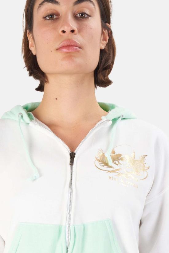  Blue&Cream 후드 티셔츠 블루&크림 스컬 컬러블록 크롭 후드 티셔츠 화이트/골드 - BLUE&CREAM