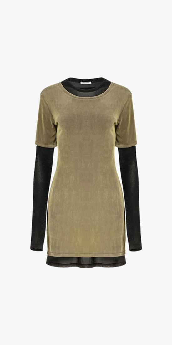  프리스카베라 숏 원피스 벨벳 메시 레이어드 티셔츠 드레스 옵시디언/올리브 오일 - PRISCAVERA