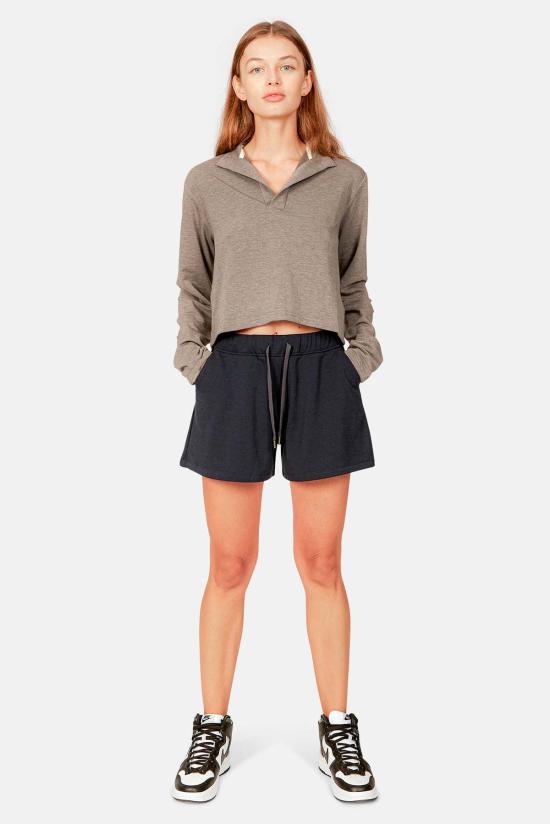  블루&크림 긴팔 티셔츠 찰리 크롭 팝 칼라 스톰 헤더 - BLUE&CREAM