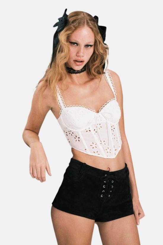  포러브앤레몬스 민소매 티셔츠 For Love & Lemons Sammie 크롭 탑 화이트 - FOR LOVE & LEMONS