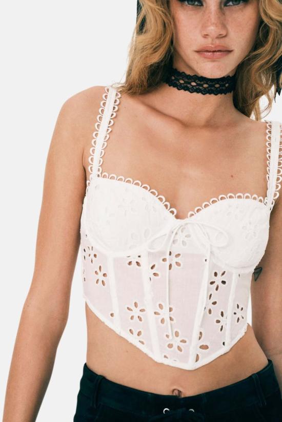  포러브앤레몬스 민소매 티셔츠 For Love & Lemons Sammie 크롭 탑 화이트 - FOR LOVE & LEMONS