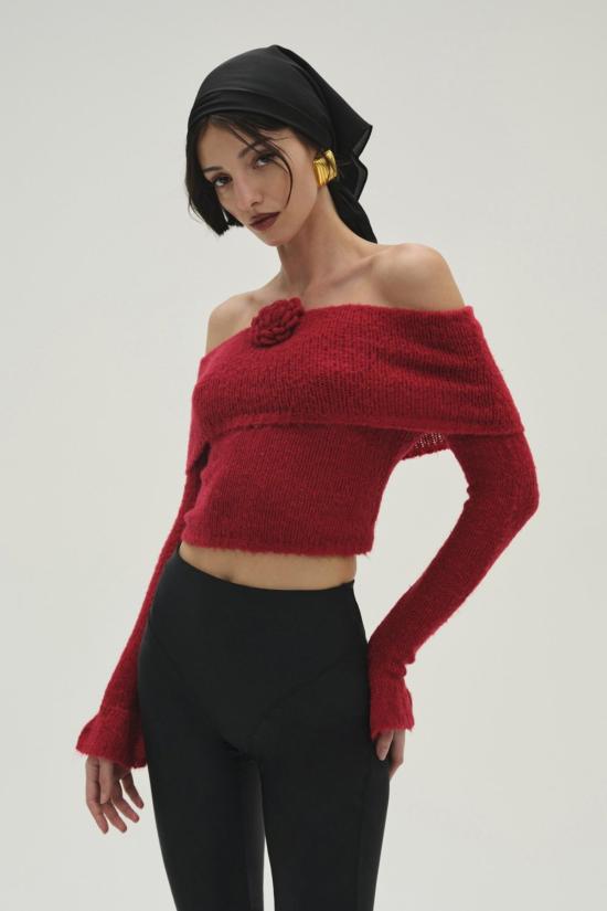  포러브앤레몬스 스웨터 For Love & Lemons 아스펜 니트 탑 레드 - FOR LOVE & LEMONS