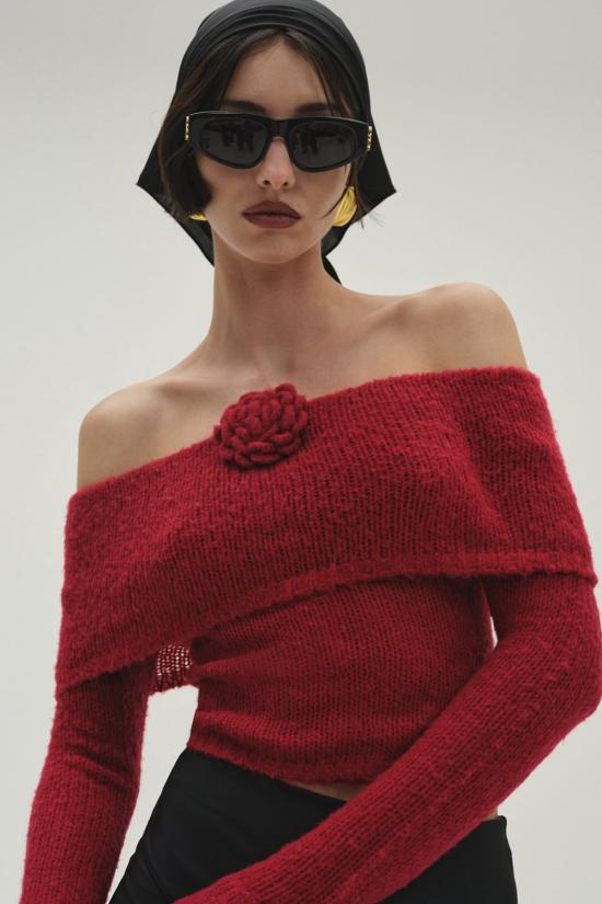  포러브앤레몬스 스웨터 For Love & Lemons 아스펜 니트 탑 레드 - FOR LOVE & LEMONS