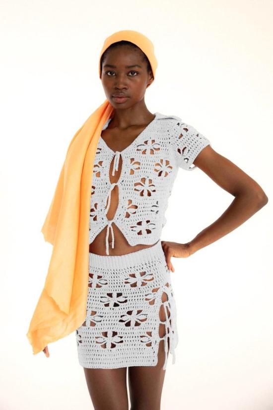  Tach Clothing 숏 스커트 고양이 크로셰 스커트 화이트