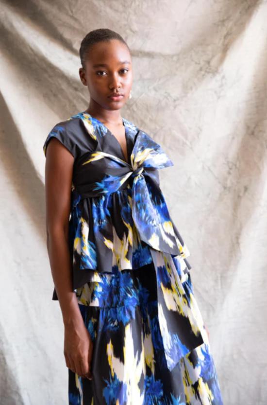  필로소피아 블라우스 Psophia Lazado 타페타 탑 블랙 프린트 - PSOPHIA