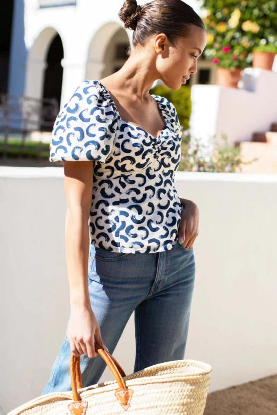  에머슨 프라이 블라우스 프랭키 + 루 리넨 탑 브러쉬 스트로크 펄/마죠리카 - EMERSON FRY