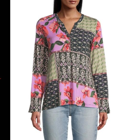  조니 와스 긴팔 티셔츠 Johnny Was Zanda 스플릿 넥 롱슬리브 티셔츠 멀티컬러