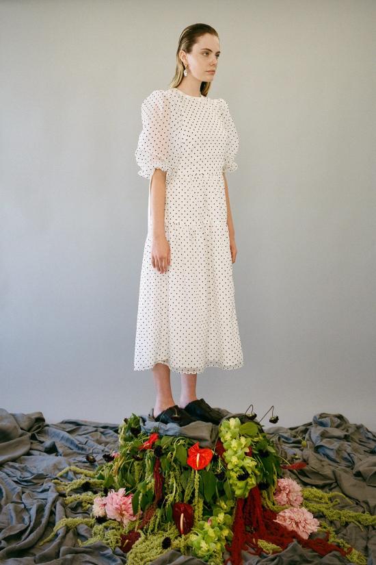  케이코 롱 원피스 Kk Co Hus 드레스 블랙/화이트 도트 오간자 - KKCO