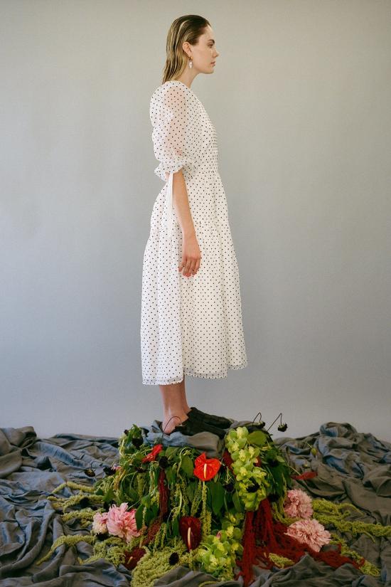  케이코 롱 원피스 Kk Co Hus 드레스 블랙/화이트 도트 오간자 - KKCO