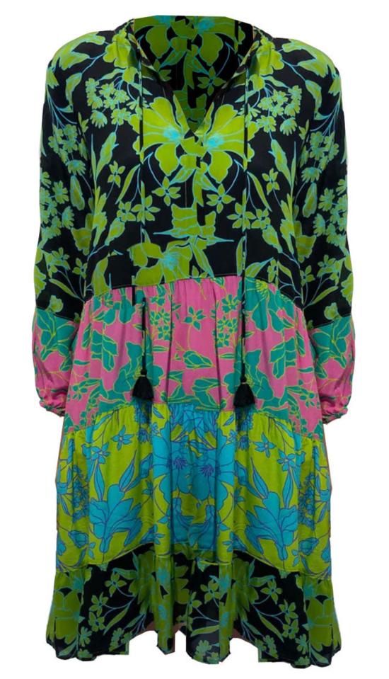  조니 와스 숏 원피스 Johnny Was Miramar 스플릿 넥 롱 슬리브 티어드 미니 드레스 멀티컬러